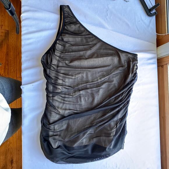 Torrid Black Mesh Top One Shoulder Contrast Lining Foxy Blouse Size 3 22-24 - Picture 3 of 6